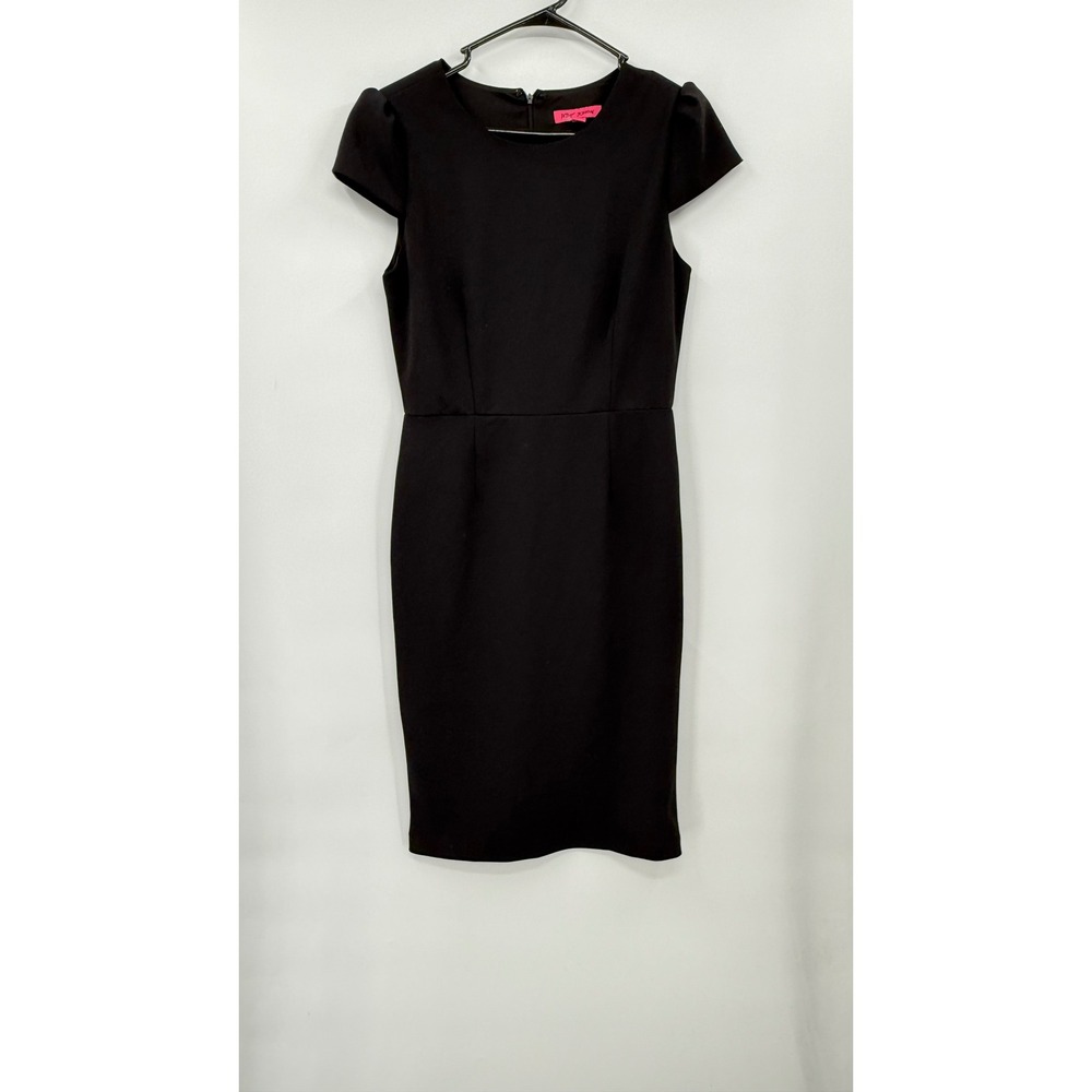 Betsey Johnson 8 Sheath Dress Womens Black Tulip Cap Sleeve Knee Length